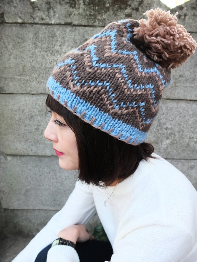 Handmade Hand Knit Wool Beanie Hat with Pompom V Stripe Blue - หมวก - ขนแกะ สีน้ำเงิน