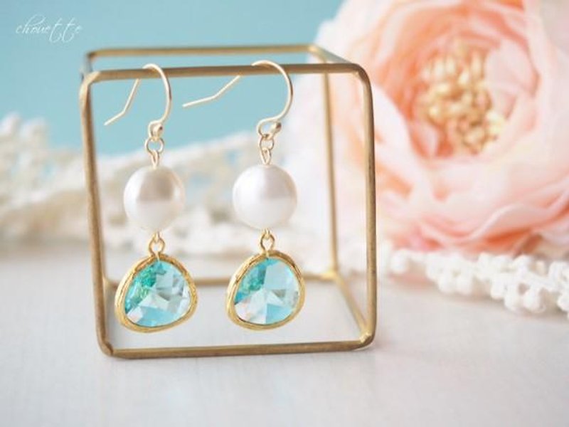 [14kgf frame cut glass earrings (Aquamarine) - Earrings & Clip-ons - Other Metals 