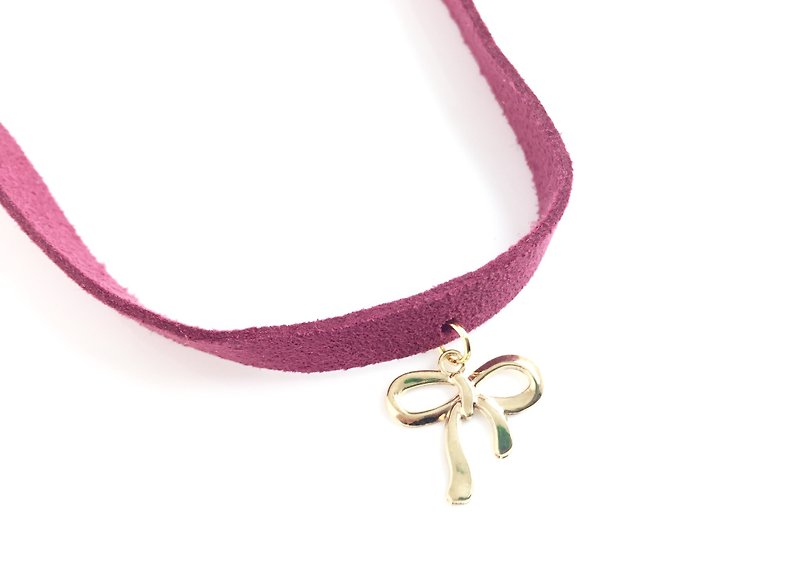 "Golden Bow - Wide peach purple suede necklace" - Necklaces - Genuine Leather Pink