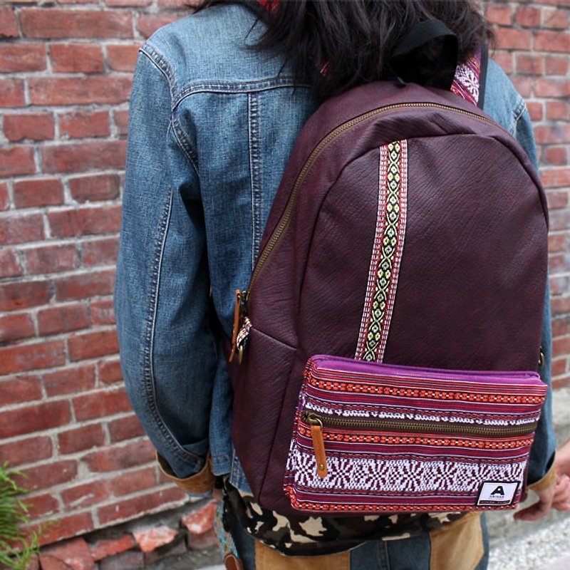 AMINAH-totem knitting mix and match ethnic style backpack-purple [am-0241] - กระเป๋าเป้สะพายหลัง - หนังเทียม สีม่วง