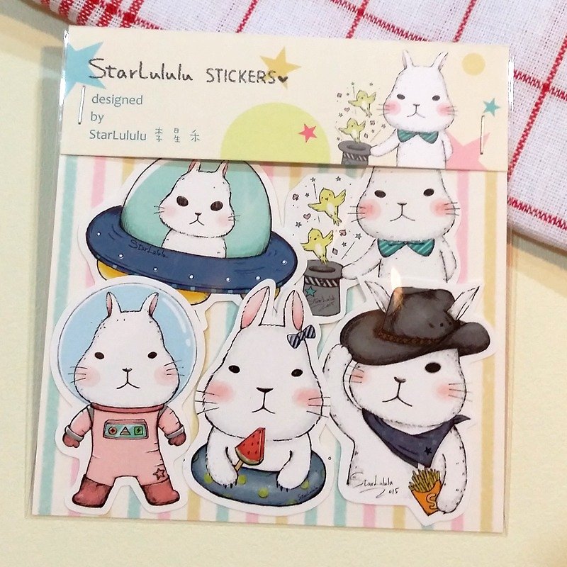 Waterproof sticker / cute white rabbit / group 3 (5 pieces) - Stickers - Paper White