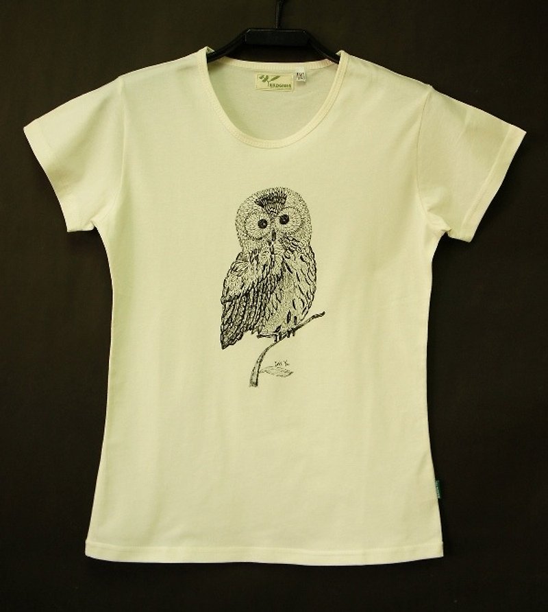 Yelu Organic Cotton [Owl] Women's Short Sleeve - เสื้อยืดผู้หญิง - ผ้าฝ้าย/ผ้าลินิน ขาว