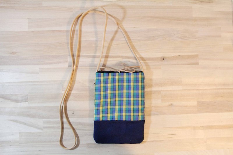 Dark blue and green checkered stitching suede cell phone pocket - Other - Cotton & Hemp 