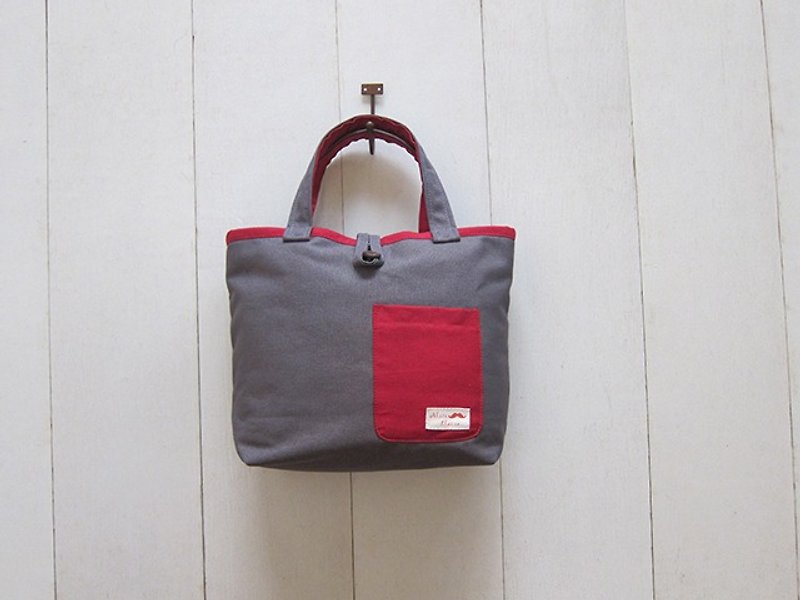 Macaron series - canvas trumpet tote bag charcoal + wine red (wooden buckle opening + outer small pocket) - กระเป๋าถือ - วัสดุอื่นๆ หลากหลายสี