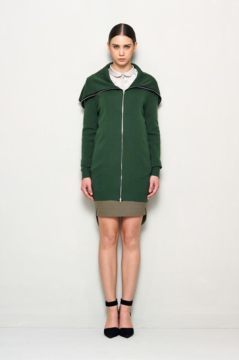 [Seasonal sale] Green double zipper wool long jacket - สเวตเตอร์ผู้หญิง - ขนแกะ สีเขียว