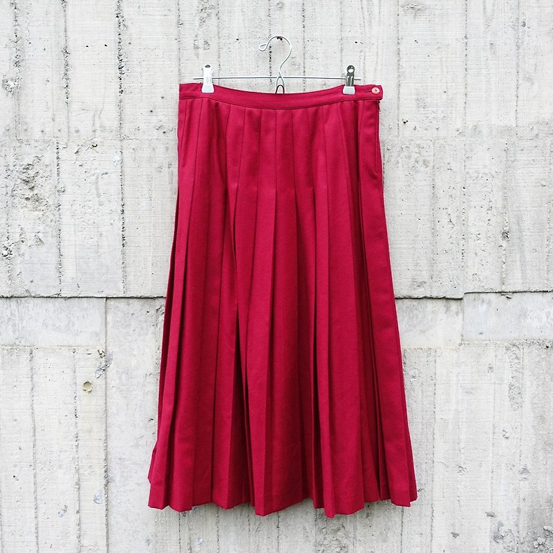 BajuTua / vintage / Italian pure wool dark red pleated skirt - Skirts - Other Materials Red