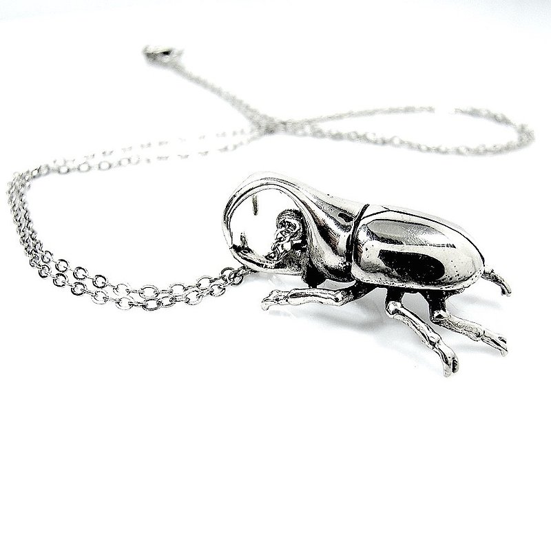 Rhino beetle pendant in white bronze - Necklaces - Other Metals 