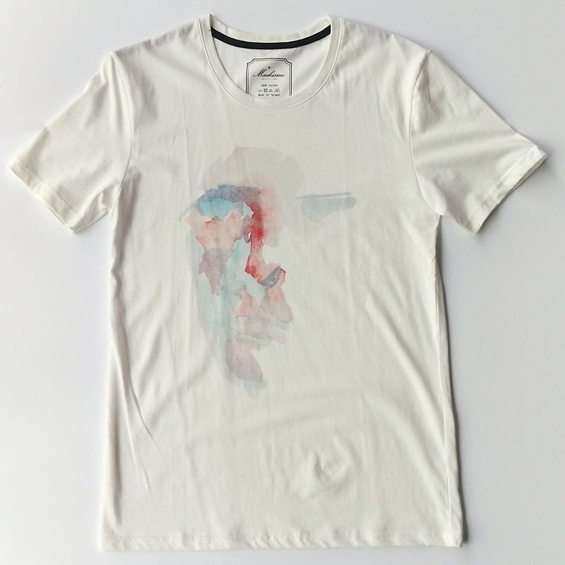 Abstract face - watercolor hand painted wind white short sleeve T-shirt - เสื้อยืดผู้ชาย - วัสดุอื่นๆ ขาว