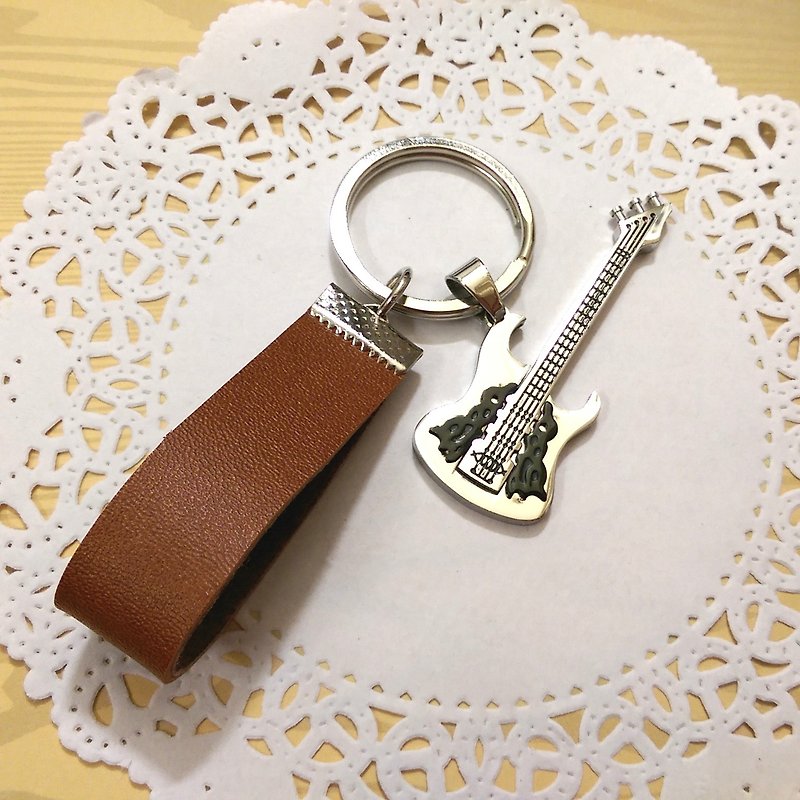 【Stainless steel black bass leather key ring】 music instrument Orchestra notes leather hand-made custom-made "Misi bear" graduation gift - ที่ห้อยกุญแจ - หนังแท้ สีดำ