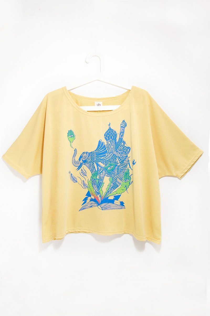 手感夏日寬鬆飄逸感旅行T / 女裝上衣 -印度大象 ( 陽光黃 ) ( 僅存一件 ) - 女 T 恤 - 棉．麻 黃色