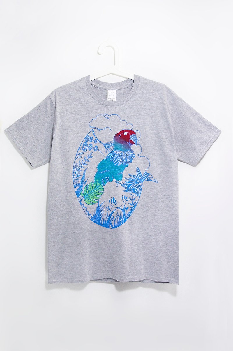 男裝合身純棉插畫Tee / T-shirt - 熱帶南美彩色漸層鸚鵡 - 男 T 恤 - 棉．麻 灰色