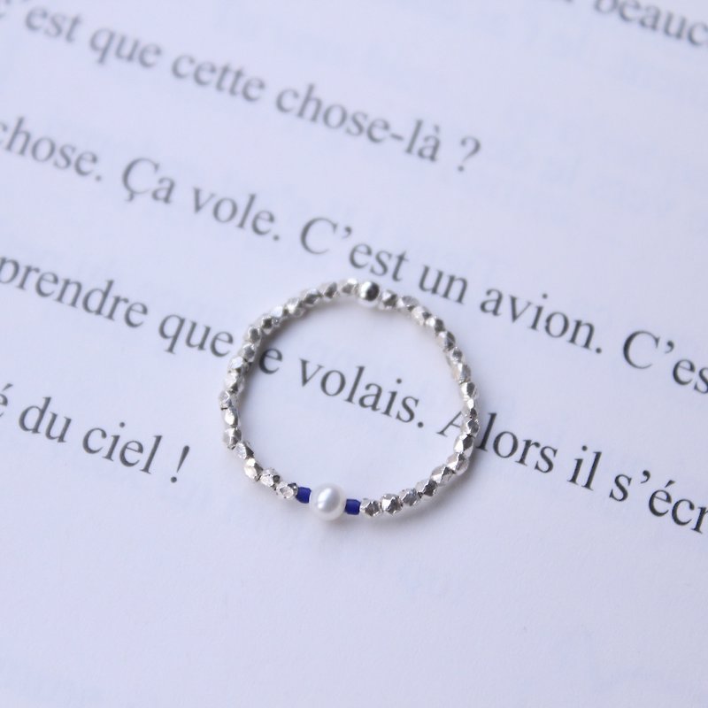 Journal (letter T- Treasure delicate soft ring)-sterling silver hand-made, lapis lazuli, natural pearl - แหวนทั่วไป - วัสดุอื่นๆ สีน้ำเงิน
