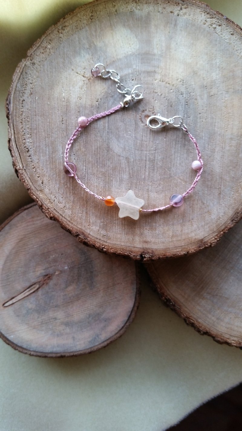 Knit with love Jacaranda Stone with white agate star Peach silver hand-knitted bracelet♡ - Bracelets - Gemstone Pink
