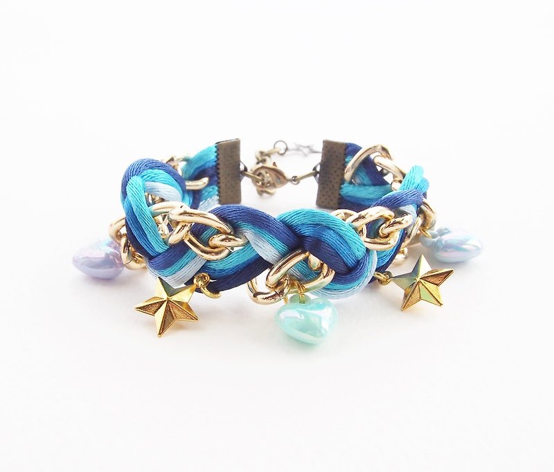 ♥ ELBRAZA ♥ Blue braided bracelet with heart and star cham. - 手鍊/手鐲 - 其他材質 藍色