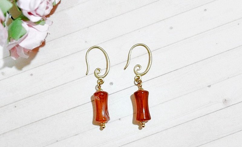 Brass natural stone * X * _ hook onyx earrings - Retro Lady wind - - Earrings & Clip-ons - Gemstone Red