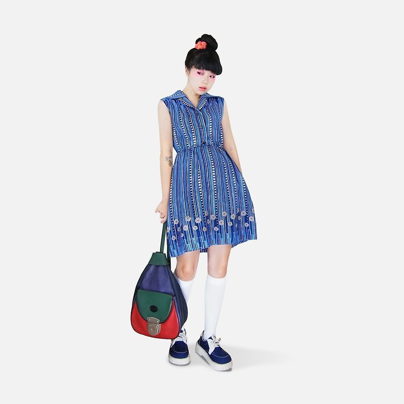A‧PRANK: DOLLY :: retro blueprint pattern with VINTAGE waisted sleeveless vintage mini dress - One Piece Dresses - Cotton & Hemp Multicolor