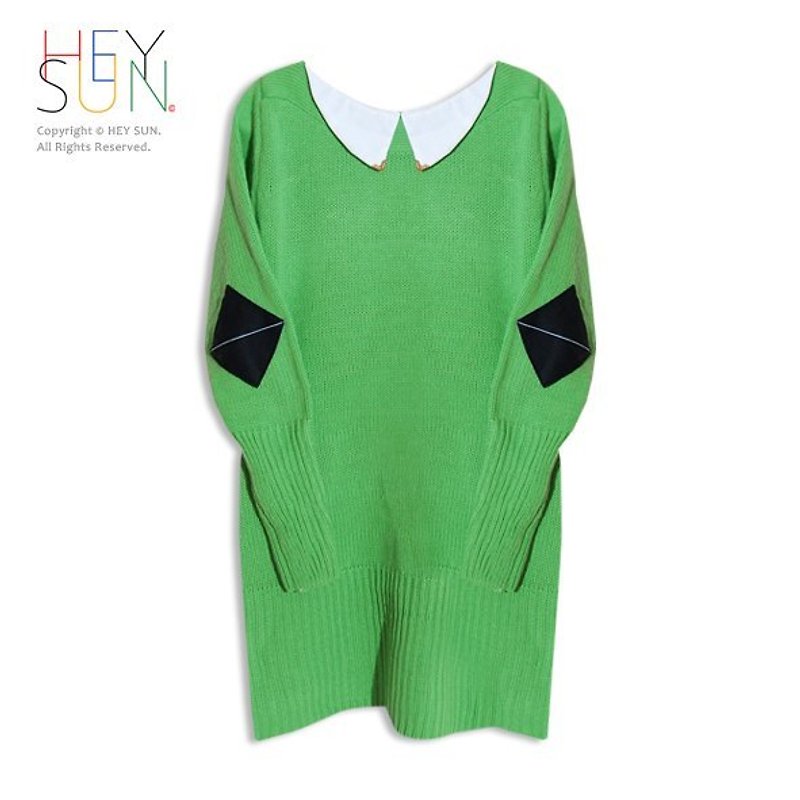 【M0261】HEY SUN獨立手作品牌‧菱形補丁小金邊圓領學院毛衣 - สเวตเตอร์ผู้หญิง - วัสดุอื่นๆ สีเขียว