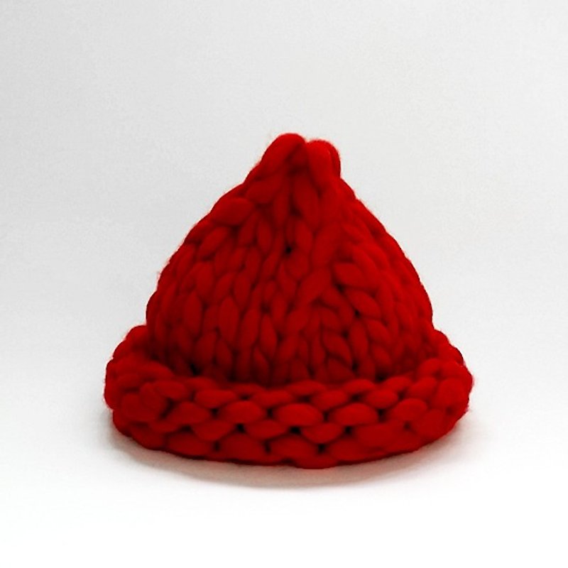 100%羊毛粗針俏皮巨無霸胖胖精靈捲邊帽-聖誕紅胖胖 - Hats & Caps - Other Materials Red