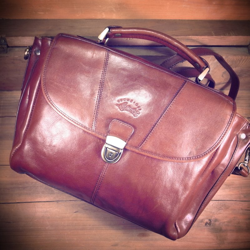 [Bones] early Francinel coffee retro leather briefcase with two dorsal hand print genuine antique bag Vintage - กระเป๋าถือ - หนังแท้ สีนำ้ตาล