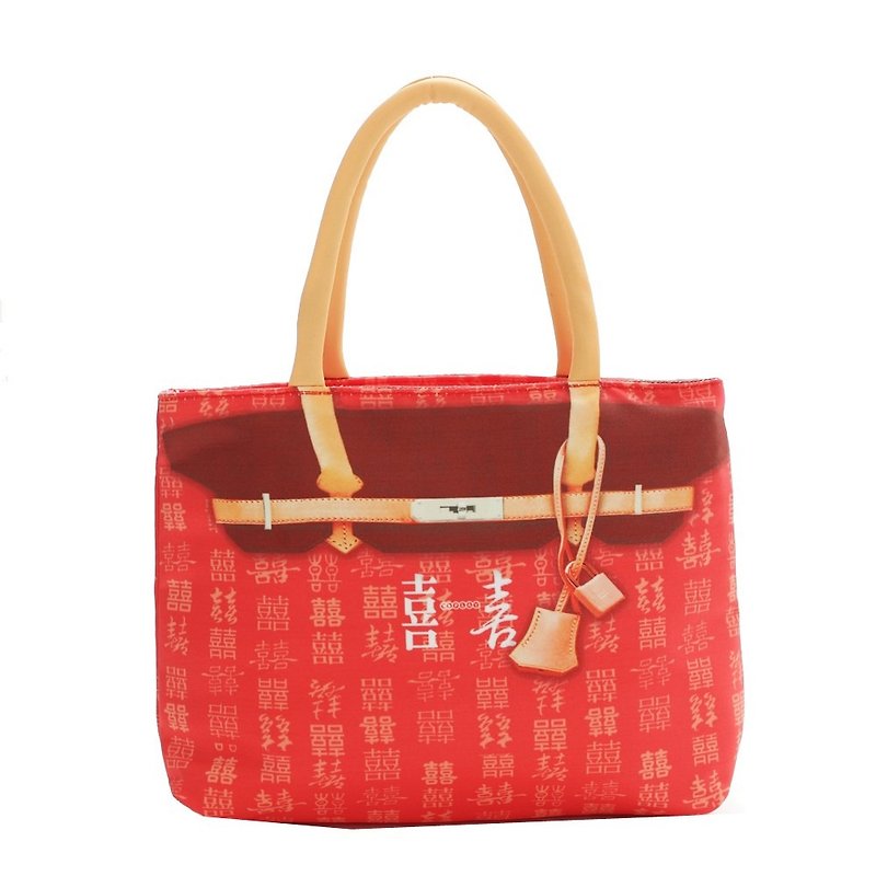 Coplay Mini Birkin-Double Happiness - กระเป๋าถือ - ผ้าฝ้าย/ผ้าลินิน สีแดง