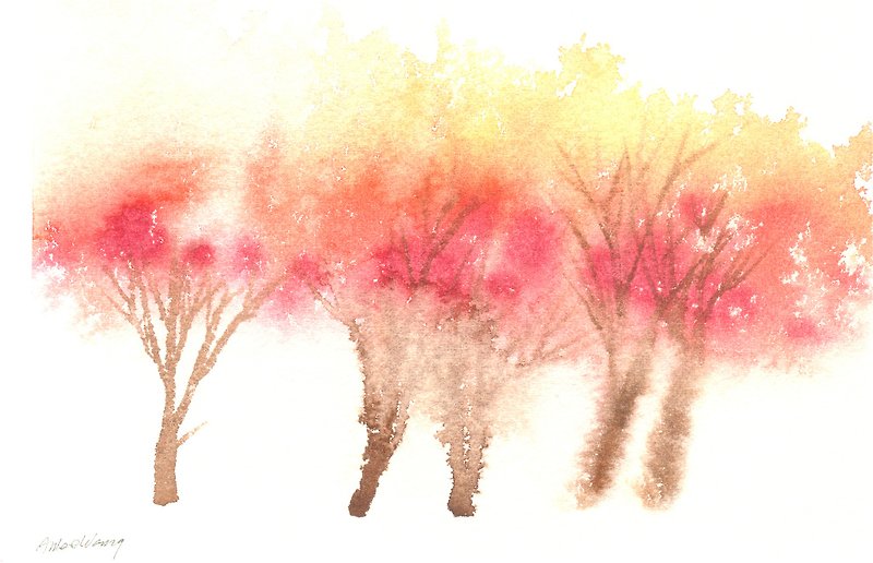 「療癒系樹林系列1-64」水彩手繪限量版明信片/賀卡 - 心意卡/卡片 - 紙 橘色