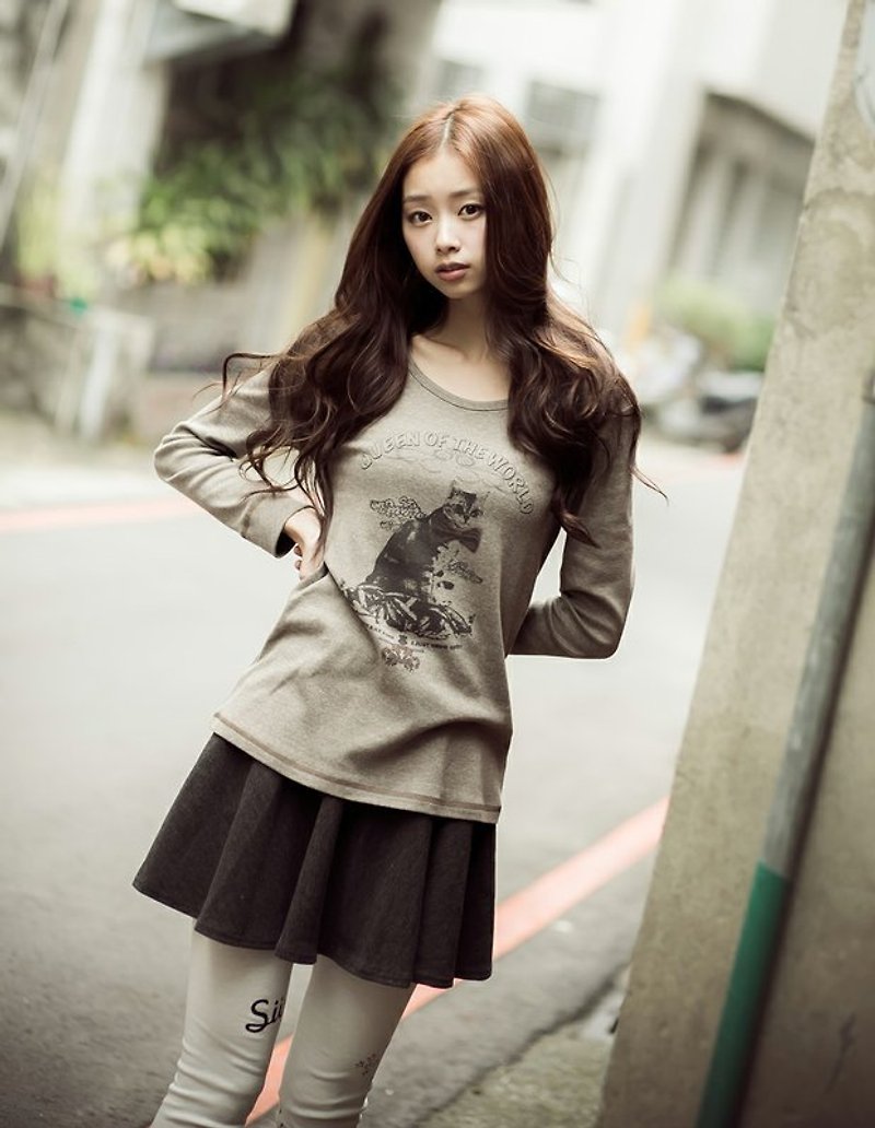 SUMI ♥ Cat Queen Cat ♥ female models long-sleeved T-shirt fit elastic coffee _2AF008_ - เสื้อยืดผู้หญิง - วัสดุอื่นๆ สีนำ้ตาล