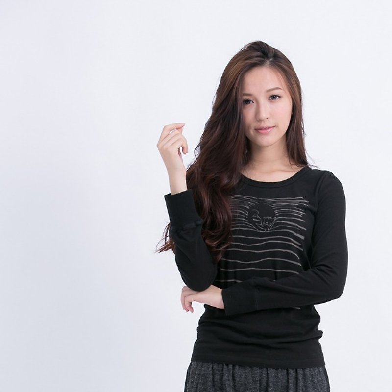 Stripe Cats Cotton Long sleeves T-shirt - เสื้อยืดผู้หญิง - ผ้าฝ้าย/ผ้าลินิน สีดำ