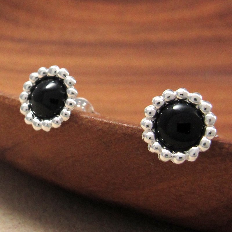 Earrings retro Gemstone-black round beads 925 sterling silver earrings retro ethnic style-64DESIGN silverware - Earrings & Clip-ons - Sterling Silver Silver