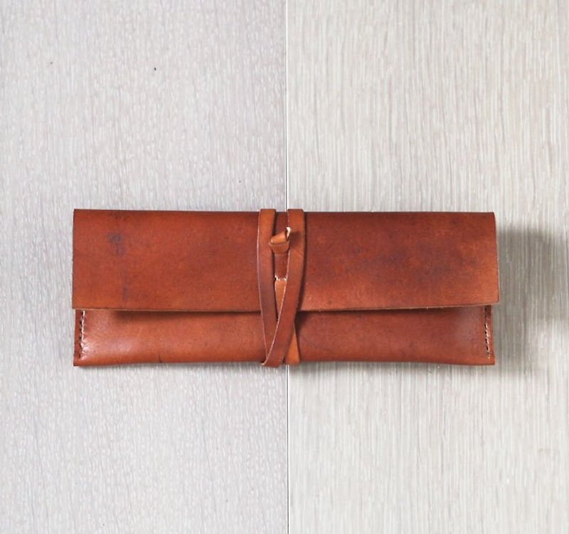 全手縫植鞣牛皮紅褐色真皮筆袋/眼鏡盒│可打英文名字鋼印 - Pencil Cases - Genuine Leather Red