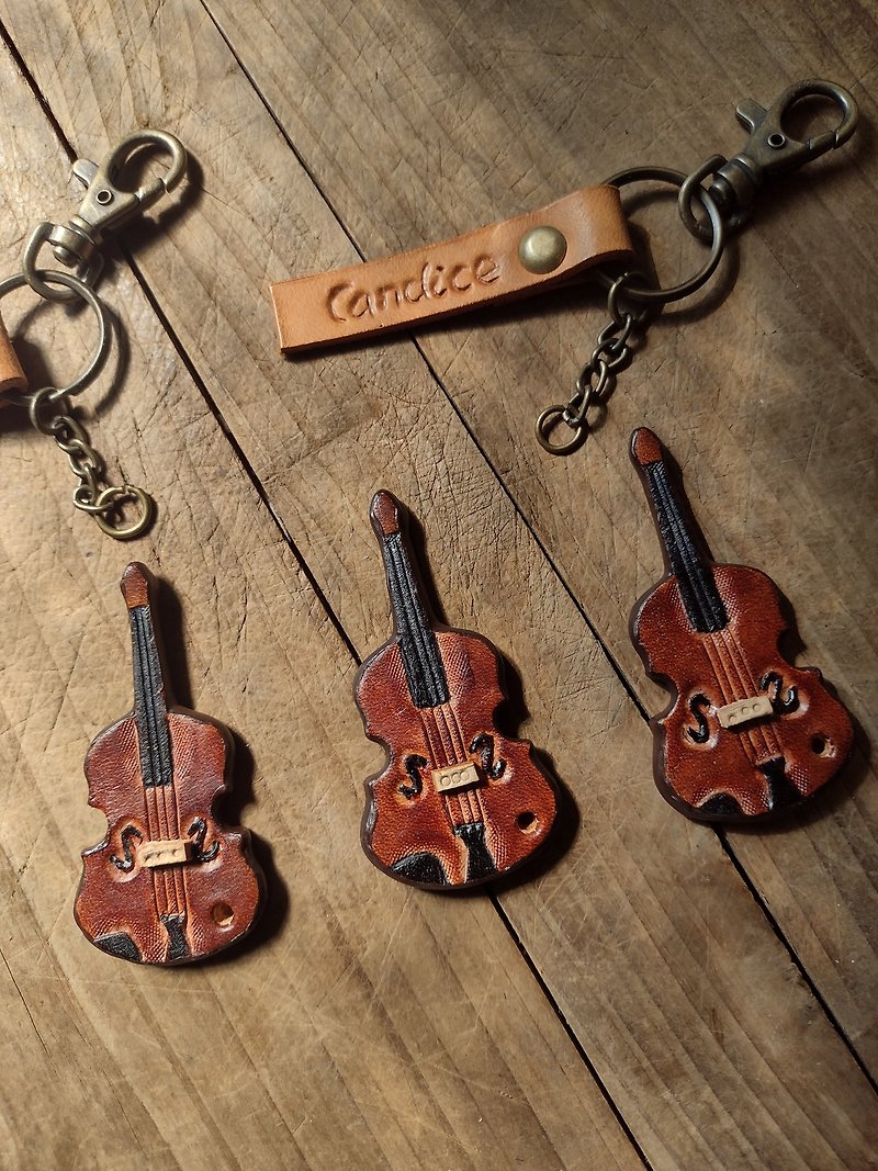 Mini violin handmade pure leather key ring - can be engraved - ที่ห้อยกุญแจ - หนังแท้ สีนำ้ตาล