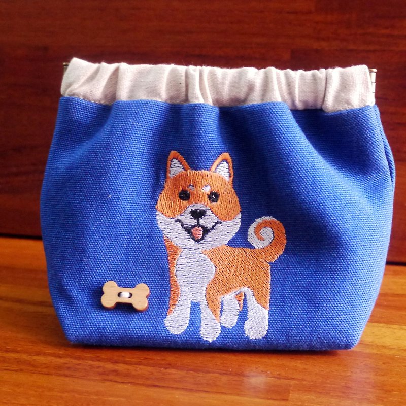 Shiba Embroidery Shrapnel Gold Storage Bag Wallet Embroidered Chinese name Please note - กระเป๋าเครื่องสำอาง - งานปัก สีน้ำเงิน