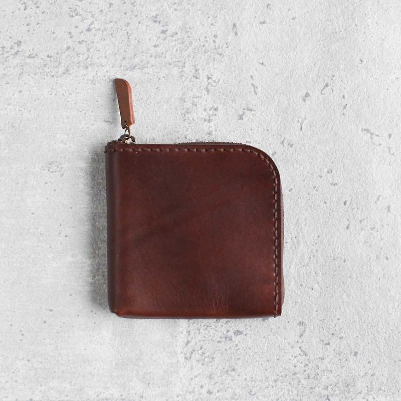 dark brown vegetable cow hide leather coin zip wallet - กระเป๋าใส่เหรียญ - หนังแท้ สีนำ้ตาล