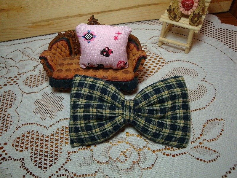 Blue plaid bow hairpin - Bibs - Other Materials 