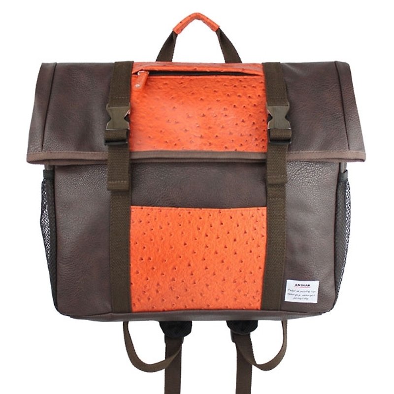 AMINAH-Classic square leather back chocolate color[am-0260] - กระเป๋าเป้สะพายหลัง - หนังเทียม สีนำ้ตาล