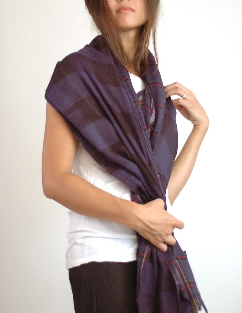 Purple Plaid Scarf - ผ้าพันคอ - ผ้าฝ้าย/ผ้าลินิน สีม่วง
