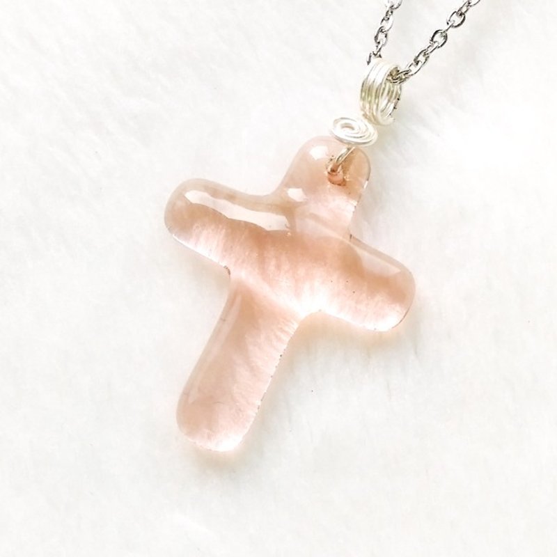 Colored Glass Cross Necklace - Coral - Necklaces - Glass Pink