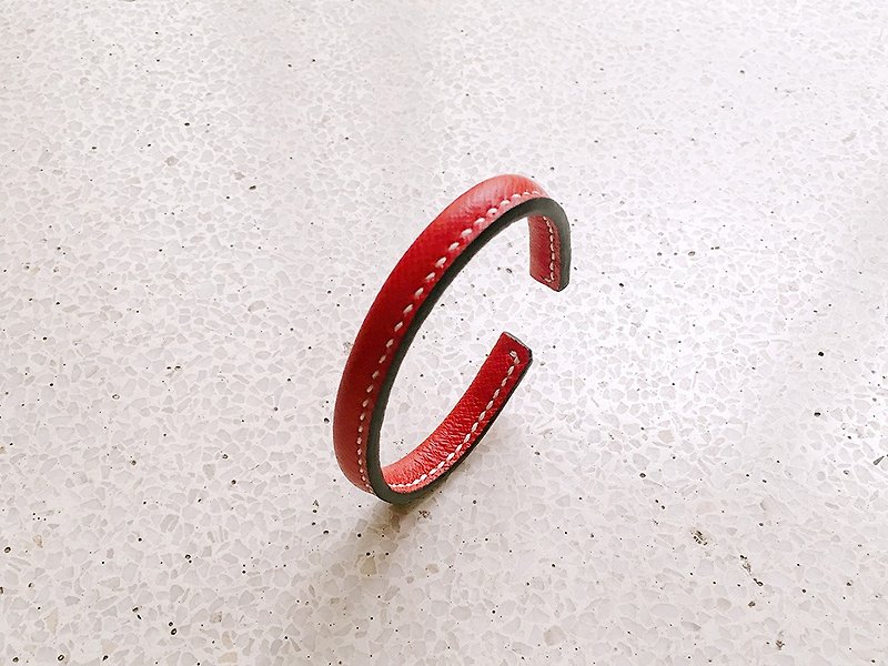 Hand-stitched red leather single-loop thin wide version bracelet - Bracelets - Genuine Leather Red