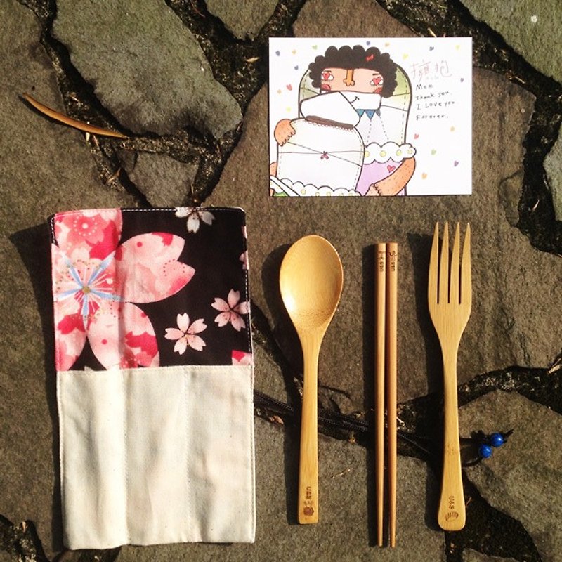 母親節明信片+竹製餐具+餐具收納袋(母親節組合包) - 心意卡/卡片 - 紙 綠色