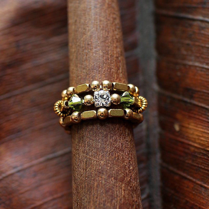 EF黃銅流金歲月NO.99墨綠色水鑽戒指套組 - 戒指 - 其他材質 金色