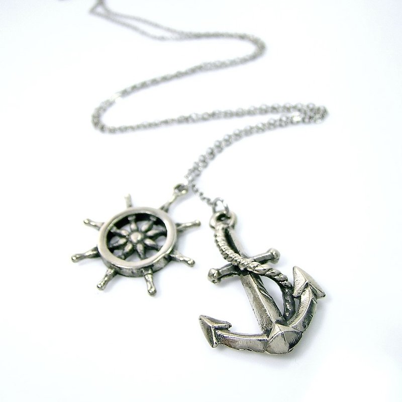 anchor and wheel pendant in white bronze,Rocker jewelry ,Skull jewelry,Biker jewelry - 項鍊 - 其他金屬 