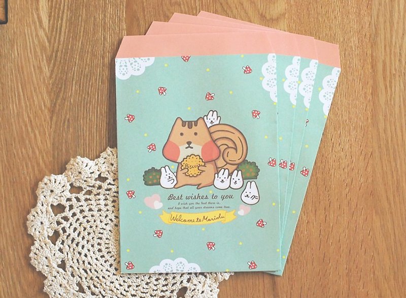 Mori shu's wrapping paper bag - Mochi Rabbit and Squirrel - แฟ้ม - กระดาษ สีเขียว