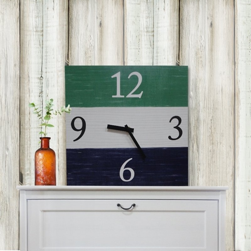 Solid wood retro fashion wall clock-blue-white-green-square-30cmX30cm-mute - นาฬิกา - วัสดุอื่นๆ สีน้ำเงิน