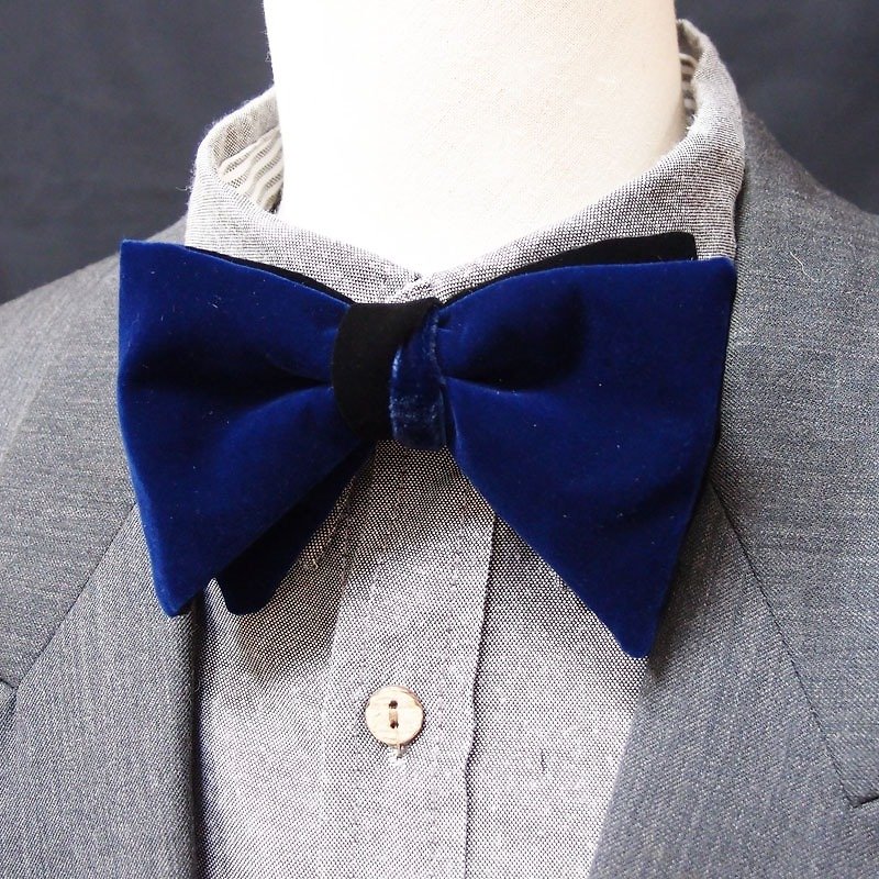 霧絨面寶藍黑大蝶領結 bow tie-雙面可用 - 煲呔 - 其他材質 藍色