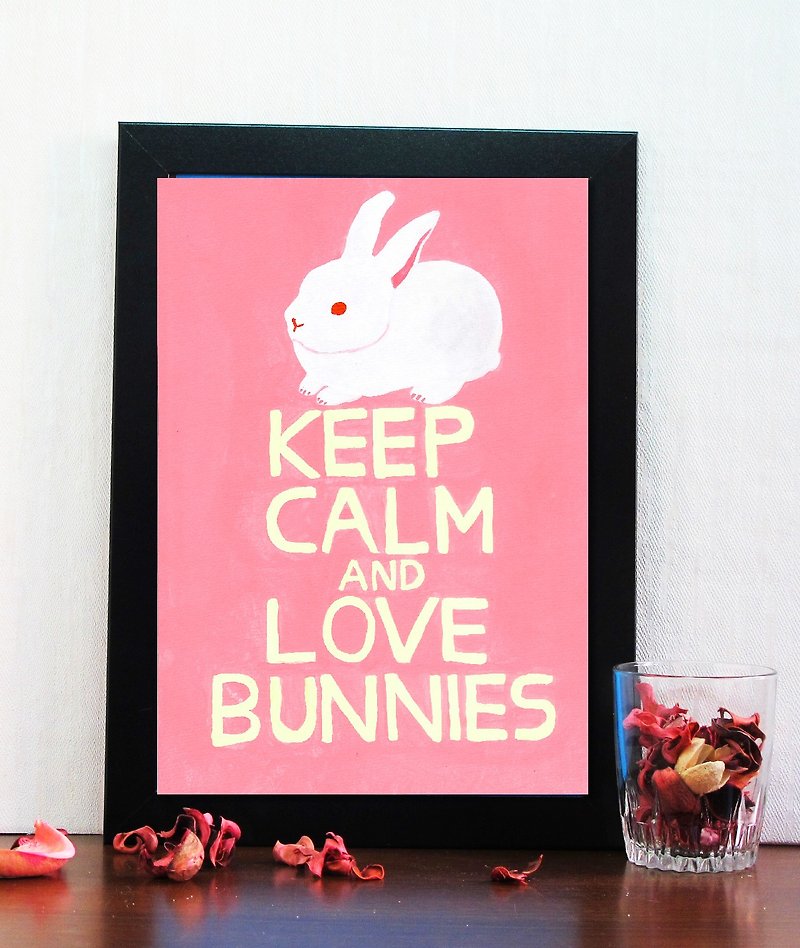 兔子 手繪 插畫 複製畫 海報/ A4 'Keep calm and love bunnies' - 海報/掛畫/掛布 - 紙 粉紅色
