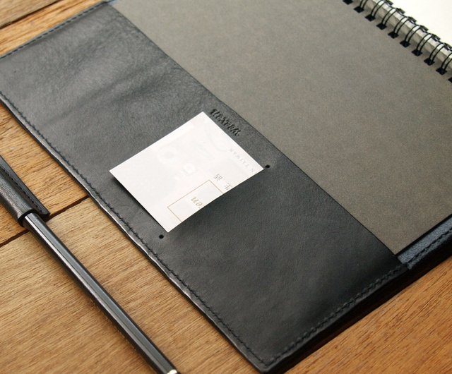大人文具】シックな黒 手作り本革ノート/ブックカバー/A5（名入れ刻印
