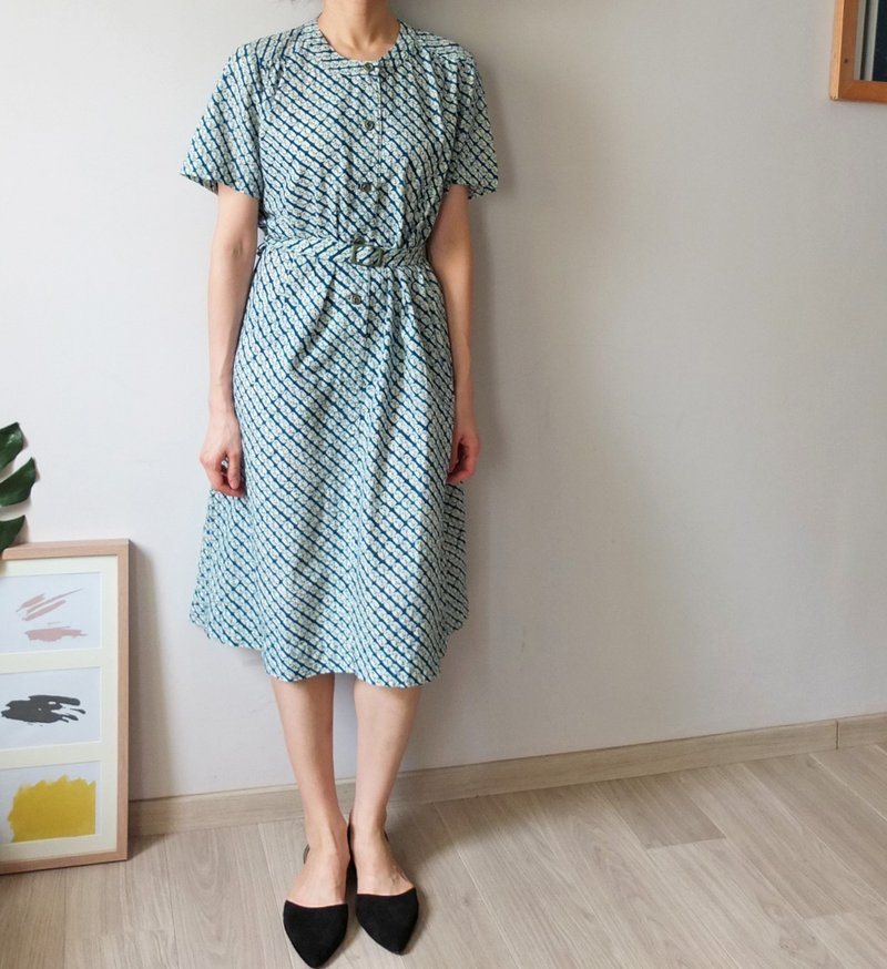 韓国ヴィンテージピーコックブルーとグリーンの幾何学的なプリントコットンドレス - ワンピース - その他の素材 