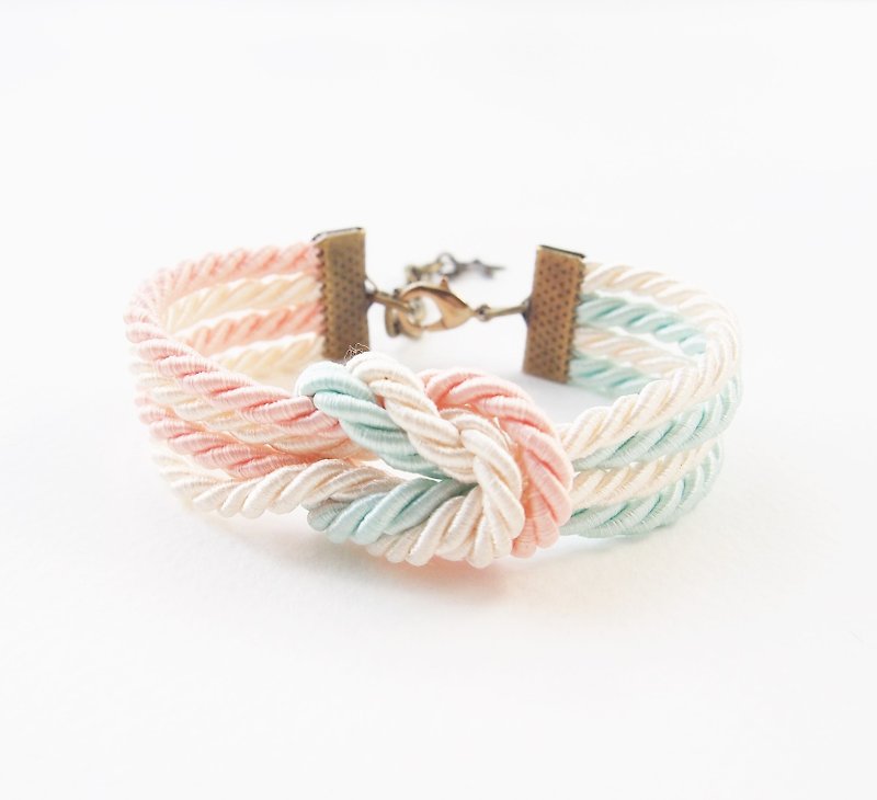 Light mint / peach double knot rope bracelet - สร้อยข้อมือ - วัสดุอื่นๆ หลากหลายสี