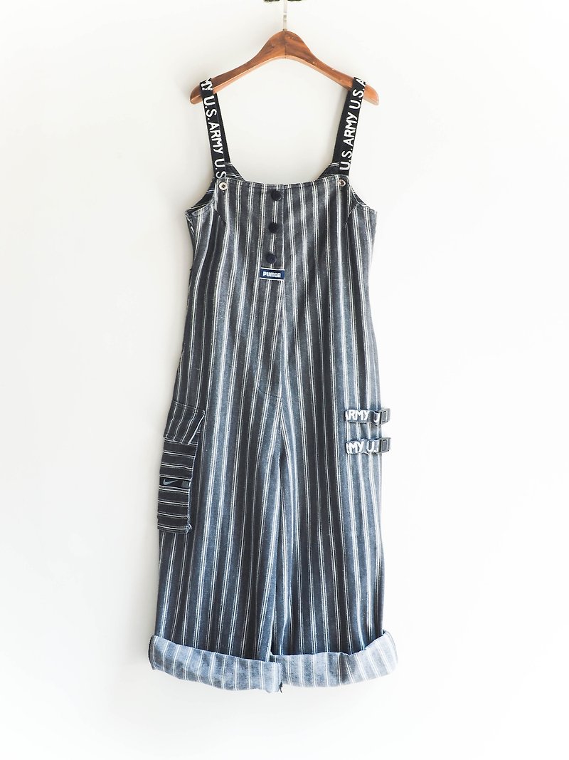 River Hill - coherent lines coveralls denim shorts and suspenders overalls vintage neutral Japan - จัมพ์สูท - กระดาษ สีดำ