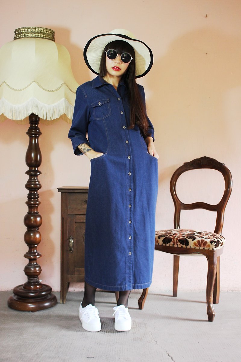 F1027 (Vintage) dark blue jeans tannin vintage double-breasted dress pocket - One Piece Dresses - Other Materials Blue