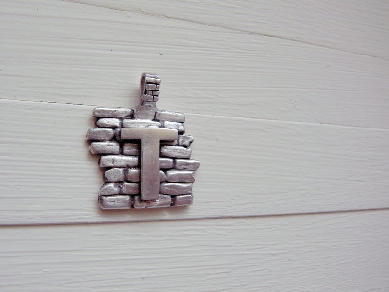 The Letter T On The Brick Wall--Sterling Silver--Pendant Necklace with Wax Rope - สร้อยคอ - เงิน สีเทา